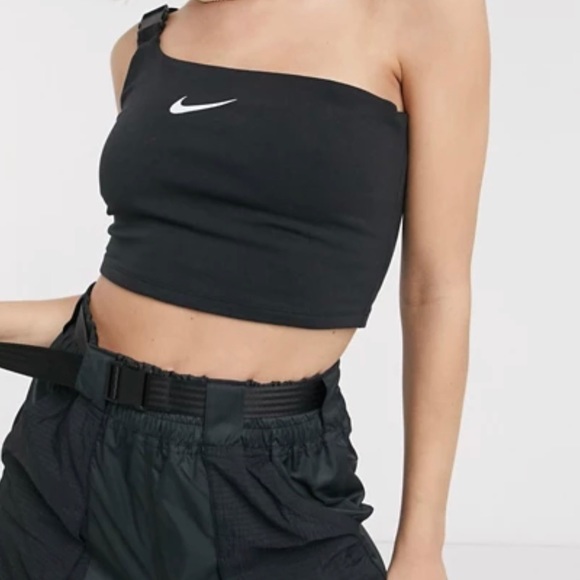 Nike one shoulder buckle crop top in black Clearance